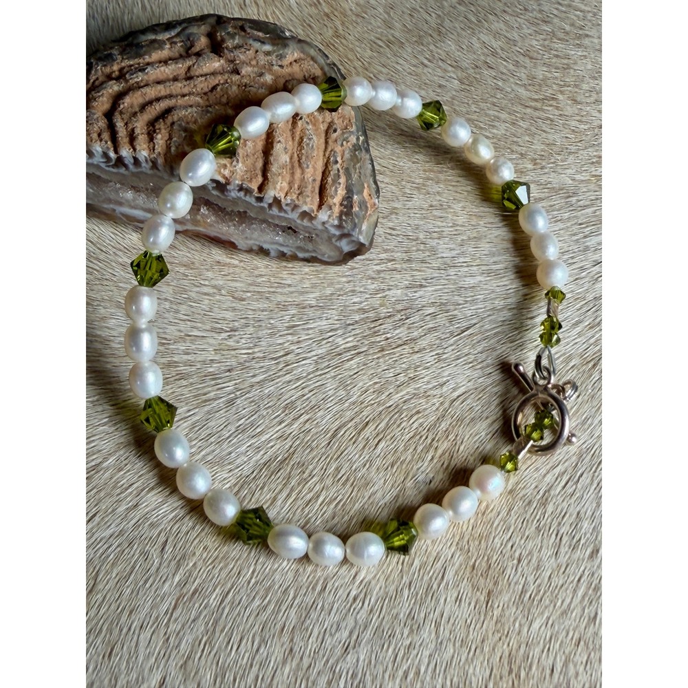 Freshwater Pearl & Olive Green Crystal Bracelet 925 Sterling Silver Toggle 7.75